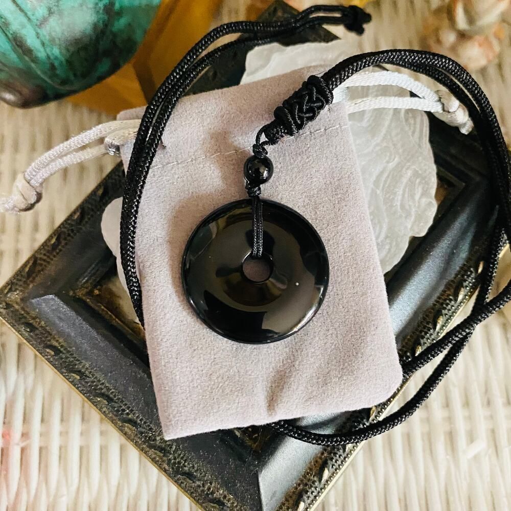 Black Obsidian Gemstone Circle Donut Pendant with Adjustable Rope Necklace